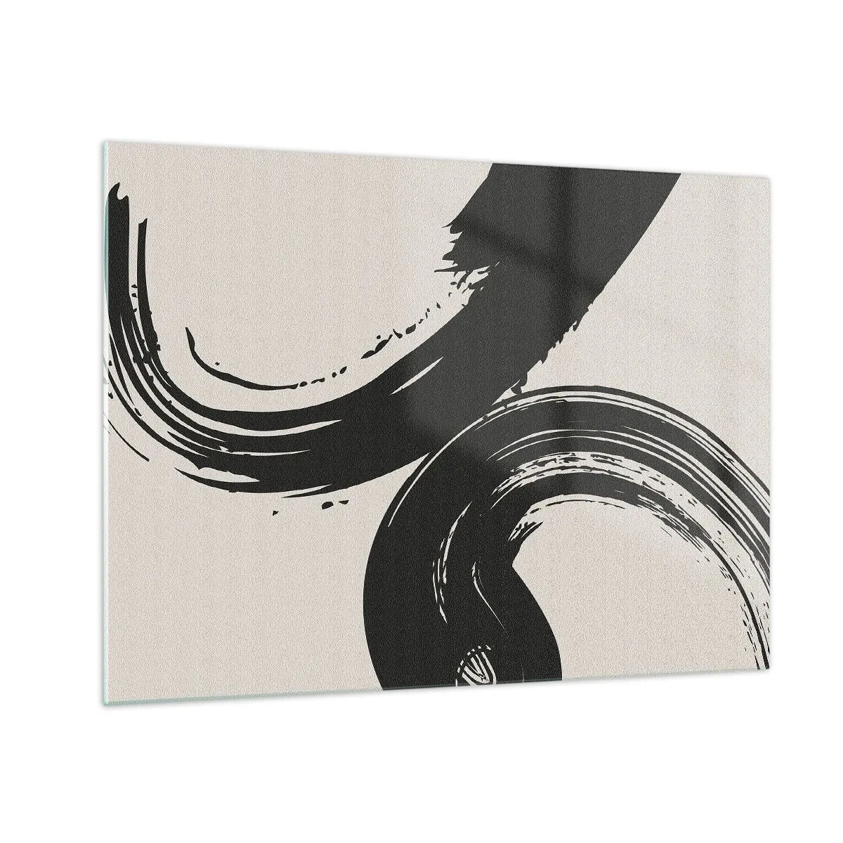 Glass picture - Black, dynamic calligraphic brush strokes on a light background. - 70x50cm - With Big Circural Strokes - Modern wall decoration for the living room and bedroom ARTTOR
