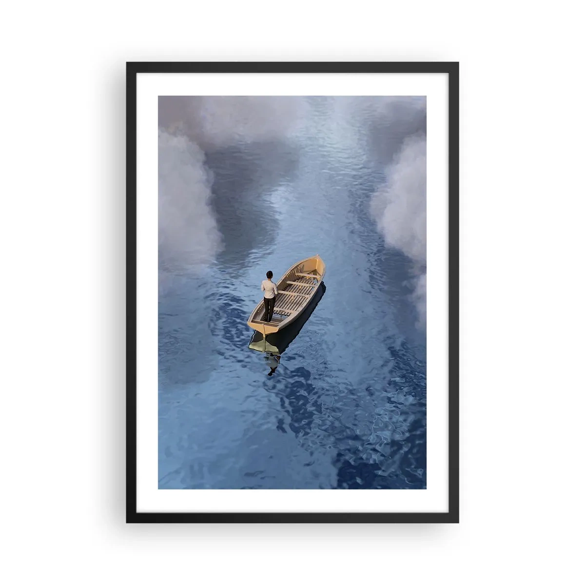 Poster in black frame - A person in a boat floating on water reflecting the sky and clouds. - 50x70cm - Life - Travel - Unknown - Modern wall decoration for the living room and bedroom ARTTOR