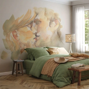 Photo Wallpaper Standard Eco - A watercolor illustration of a kissing couple in warm tones. - 100x70cm - The Missing Half? - Modern wall decoration for the living room and bedroom ARTTOR