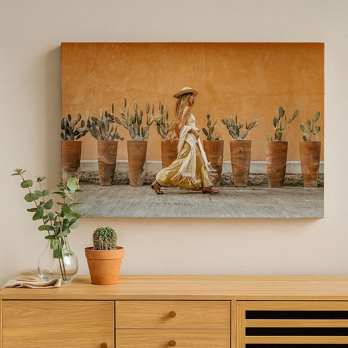 Canvas picture - A woman in boho style with pots of cacti in the background. - 70x50cm - Hippie Style - Modern wall decoration for the living room and bedroom ARTTOR