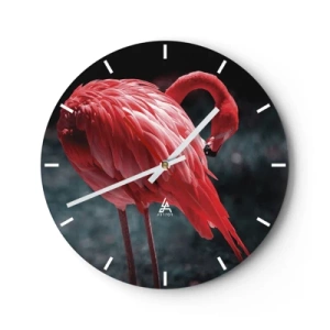 Wall clock - Clock on glass - A red flamingo on a dark background in an elegant shot - 30x30cm - Crimson Poem of Nature - Modern wall decoration for the living room, kitchen, and bedroom ARTTOR