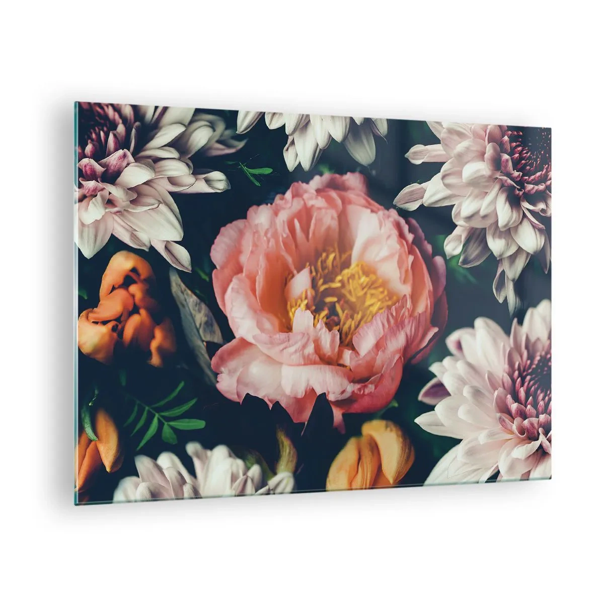 Glass picture - Close-up of peonies and chrysanthemums in pastel shades - 70x50cm - In Baroque Style - Modern wall decoration for the living room and bedroom ARTTOR