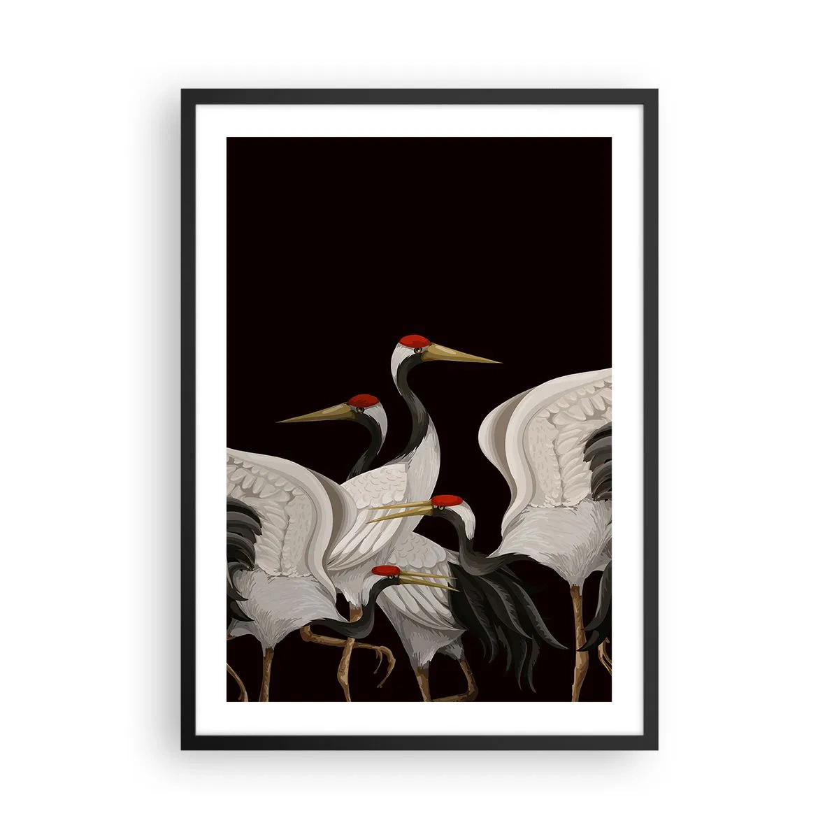 Poster in black frame - Elegant cranes on a dark background in an oriental style - 50x70cm - Bird Affairs - Modern wall decoration for the living room and bedroom ARTTOR