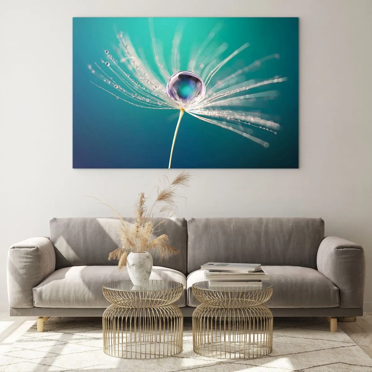 Glass picture - Macro photography of a dandelion seed with a dewdrop on a turquoise background - 70x50cm - Mystical Moment - Modern wall decoration for the living room and bedroom ARTTOR