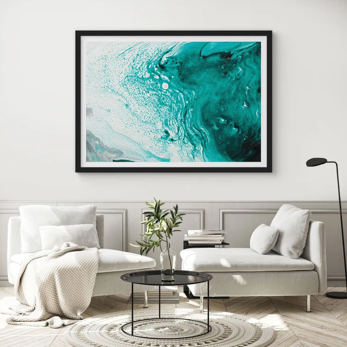 Poster in black frame - Dissolving in White and Turquoise - 100x70 cm