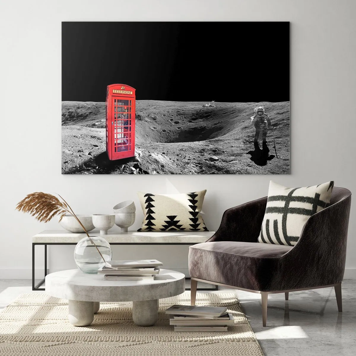 Glass picture - A red telephone booth on the lunar surface with an astronaut - 70x50cm - Space Joke - Modern wall decoration for the living room and bedroom ARTTOR