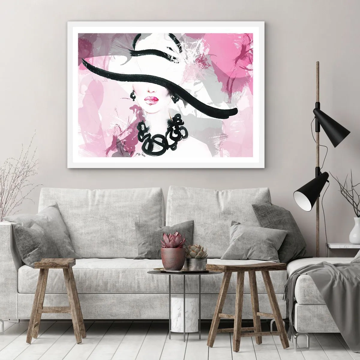 Poster in white frmae - Portrait of a Lady in Black and Pink - 91x61 cm
