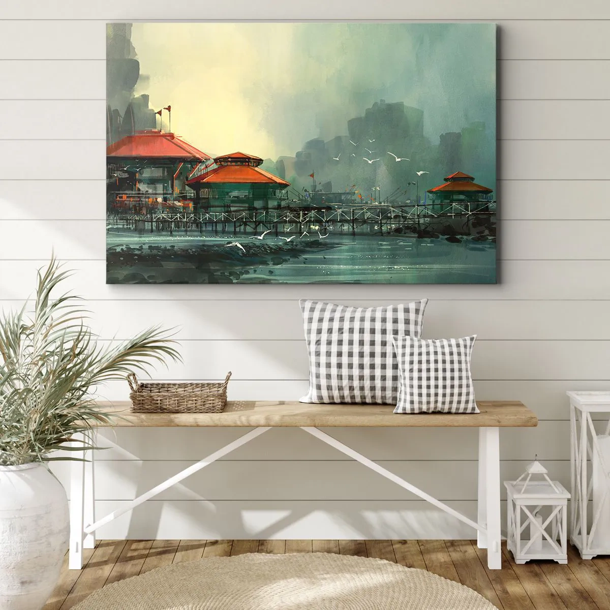 Canvas picture - Port buildings in a rainy scenery with seagulls - 70x50cm - Gloomy Day at the Port - Modern wall decoration for the living room and bedroom ARTTOR
