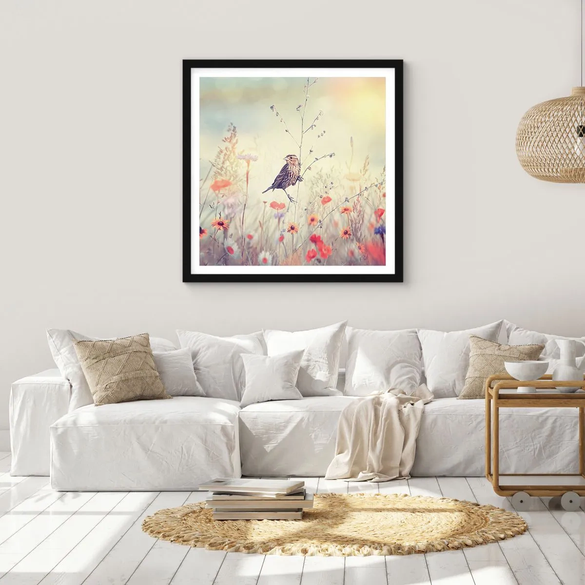 Poster in black frame - Bird Portrait with a Meadow in the Background - 60x60 cm