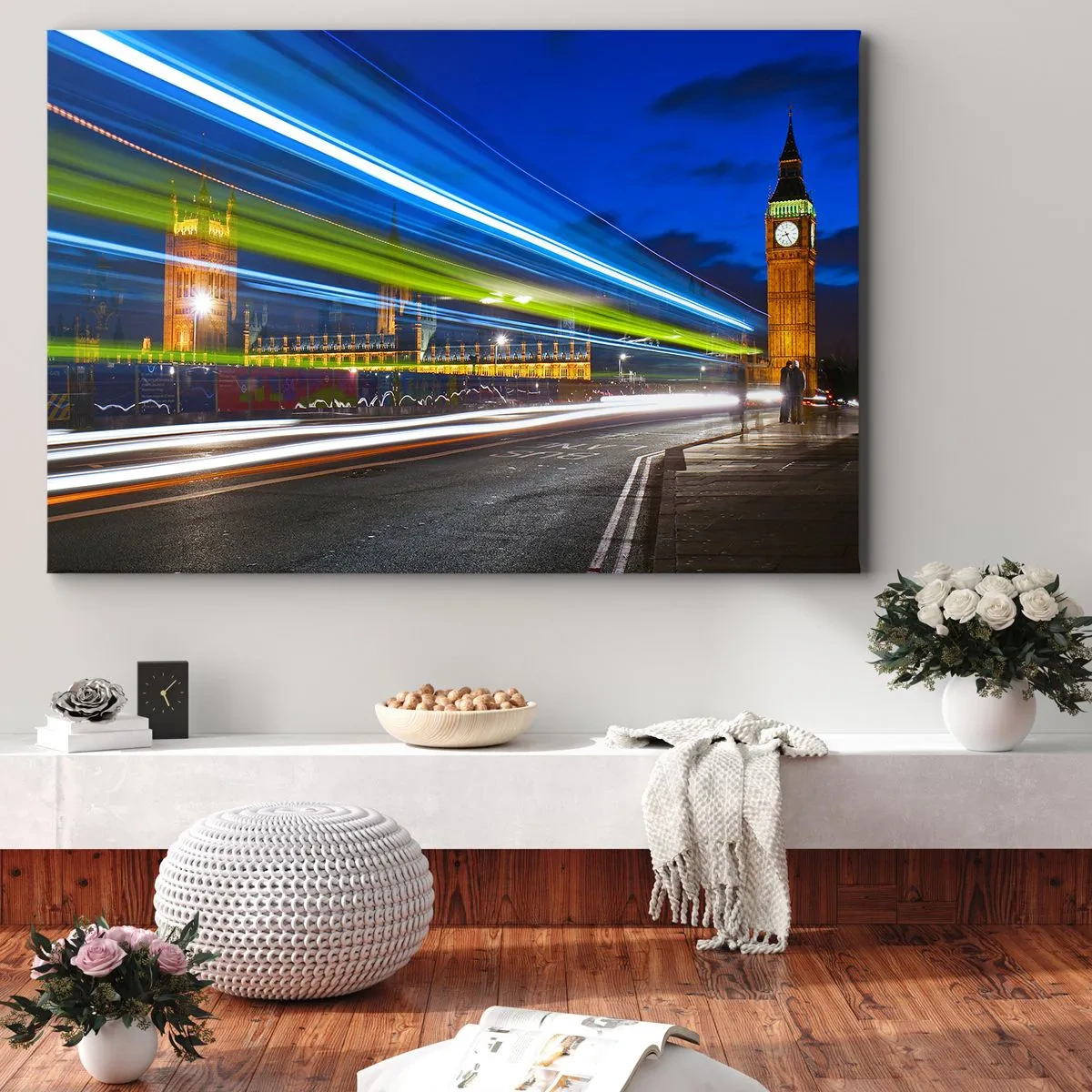 Canvas picture - Big Ben at night with the effect of lights in the street traffic - 70x50cm - By Big Ben - Modern wall decoration for the living room and bedroom ARTTOR