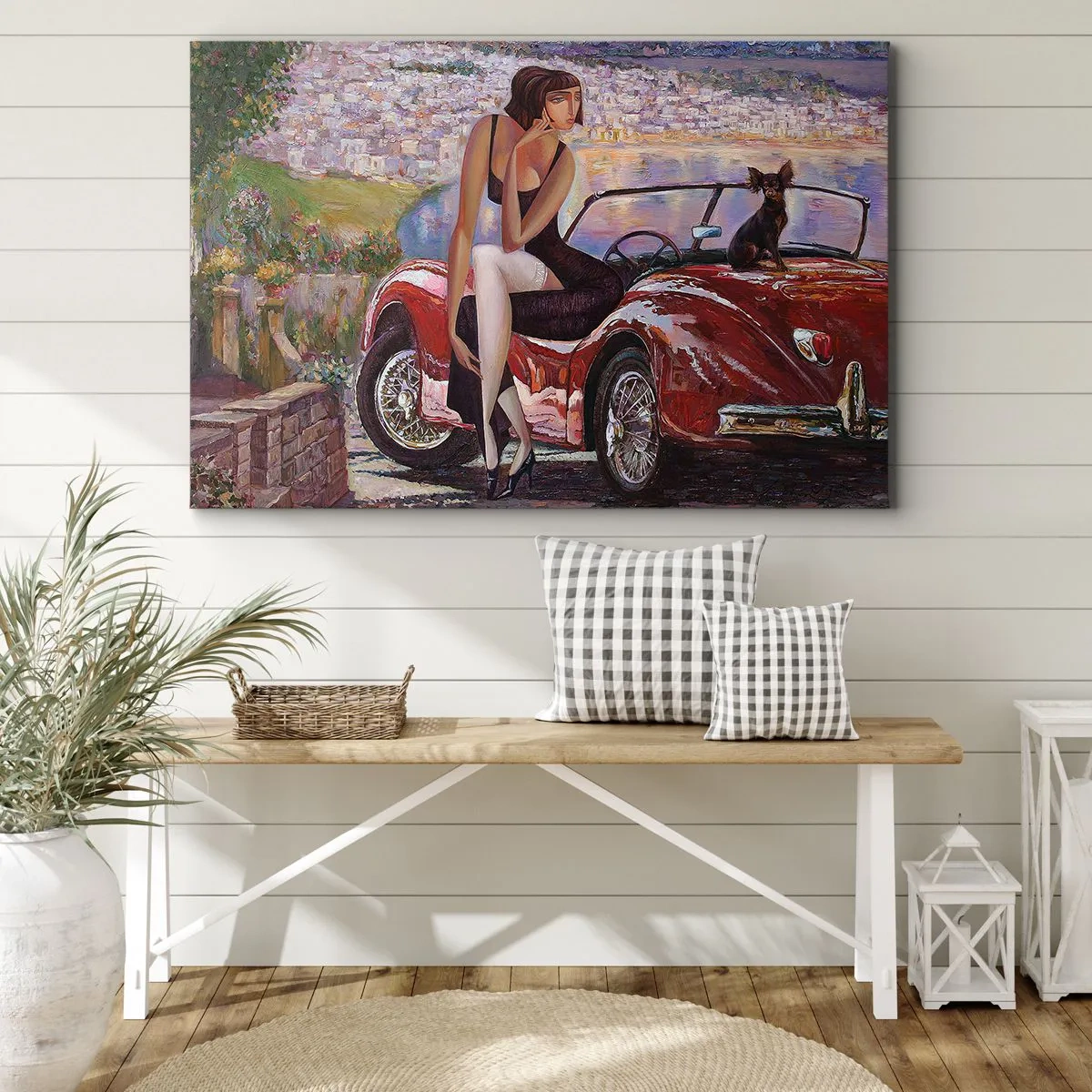 Canvas picture - A woman by a red car with a town in the background - 70x50cm - Summer? Only in Riviera - Modern wall decoration for the living room and bedroom ARTTOR