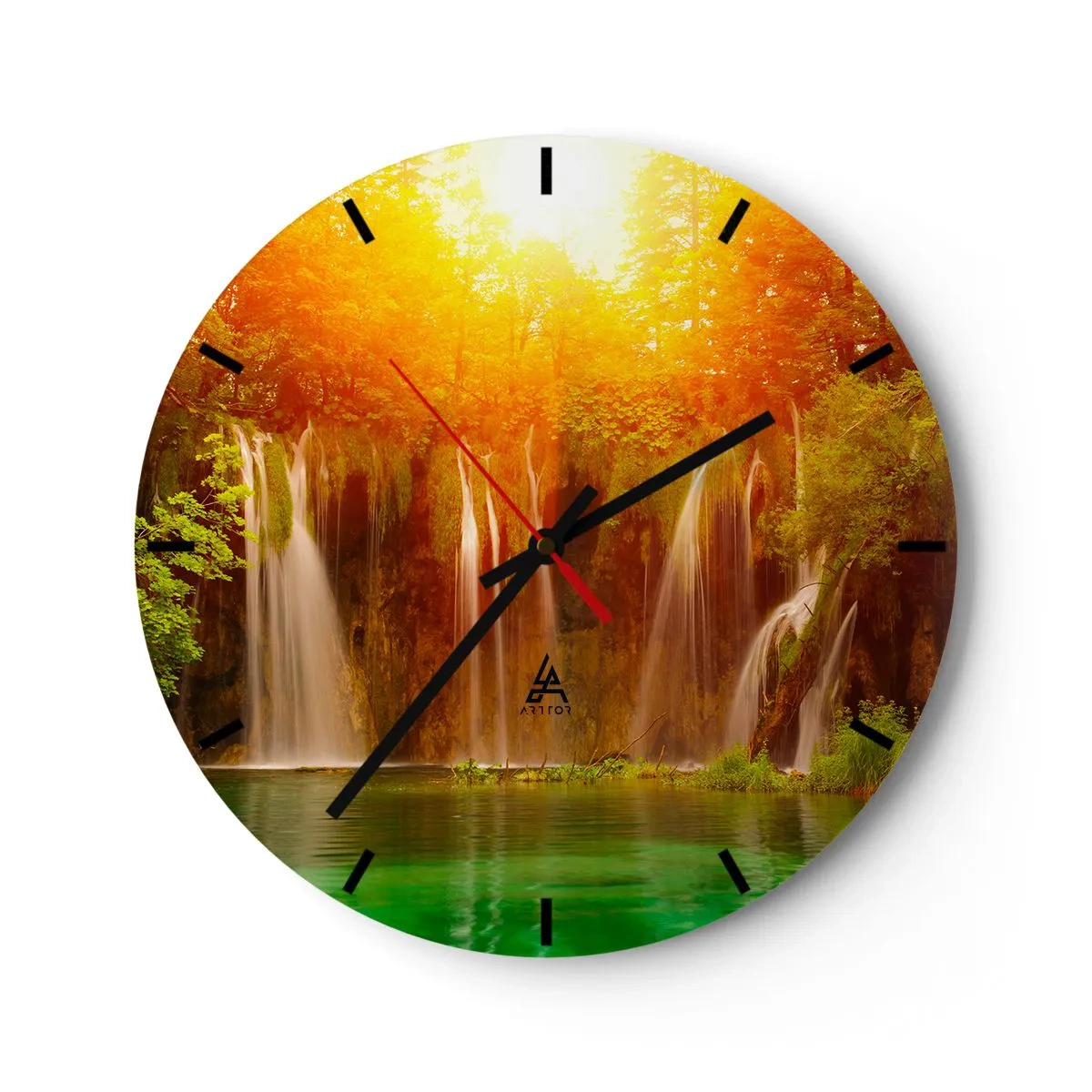 Wall clock - Clock on glass - Picturesque waterfalls in the light of the setting sun - 30x30cm - In the Sun and in the Shade - Modern wall decoration for the living room, kitchen, and bedroom ARTTOR
