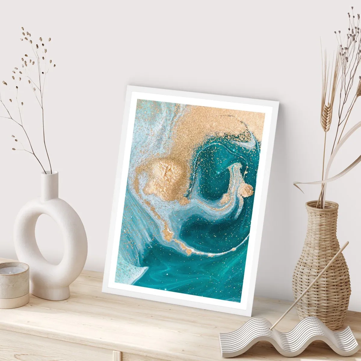 Poster in white frmae - Swirl of Gold and Turquiose - 70x100 cm