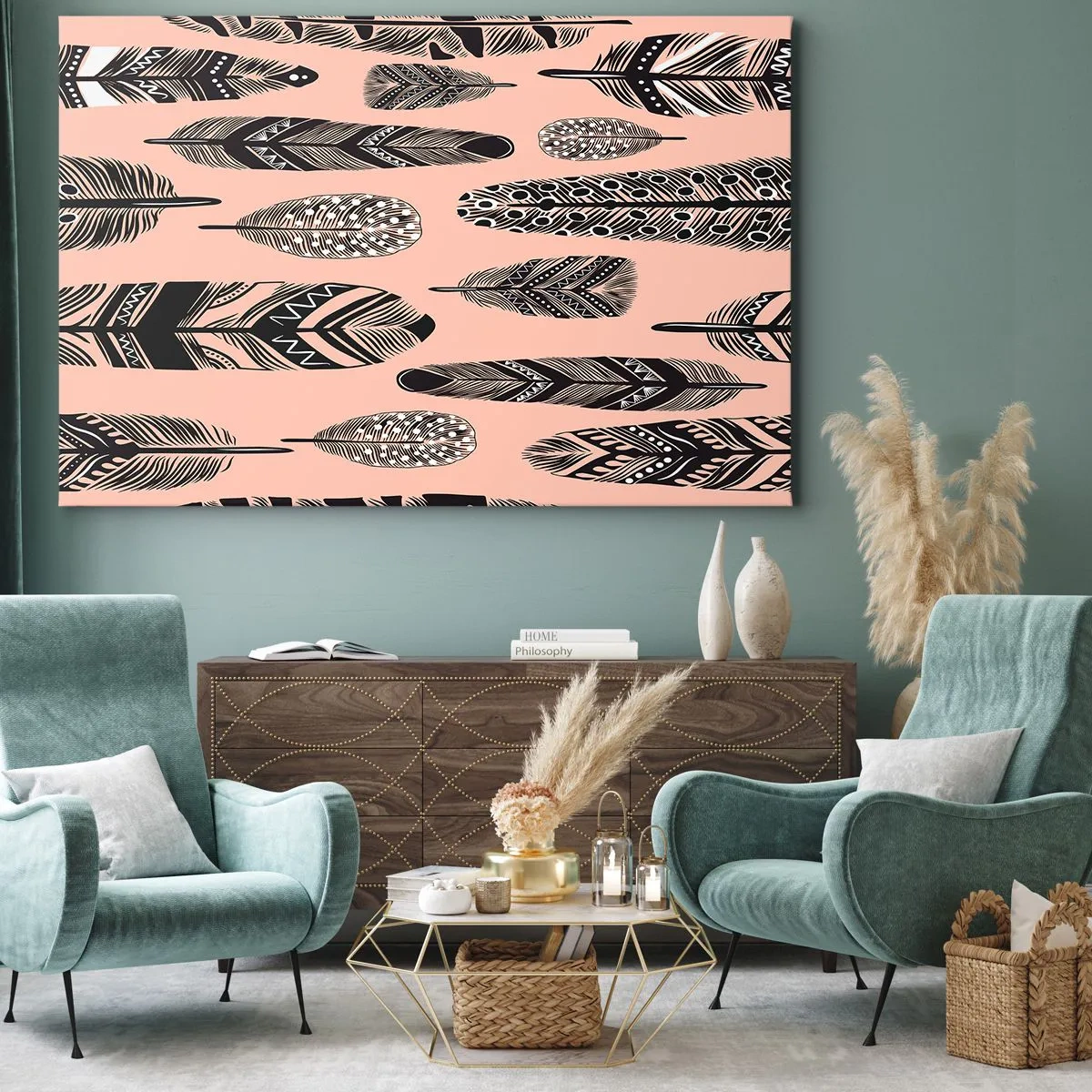 Canvas picture - Decorative feathers on a light background - 70x50cm - Indian Collection - Modern wall decoration for the living room and bedroom ARTTOR