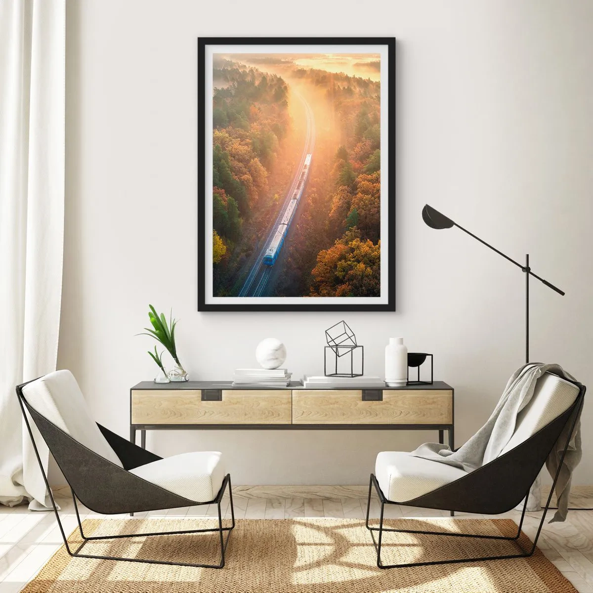 Poster in black frame - A train traveling through an autumn forest in the rays of the rising sun - 50x70cm - Autumn Trip - Modern wall decoration for the living room and bedroom ARTTOR