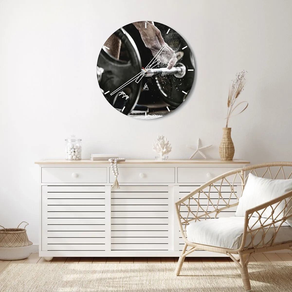 Wall clock - Clock on glass - Dumbbell and hand during training - 30x30cm - Challenge Accepted! - Modern wall decoration for the living room, kitchen, and bedroom ARTTOR