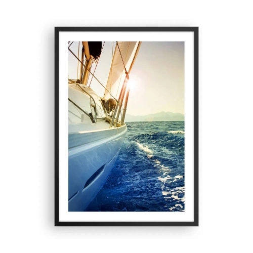 Poster in black frame - A yacht sailing through a calm sea in the warm light of the sun - 50x70cm - In Search of Adventure - Modern wall decoration for the living room and bedroom ARTTOR