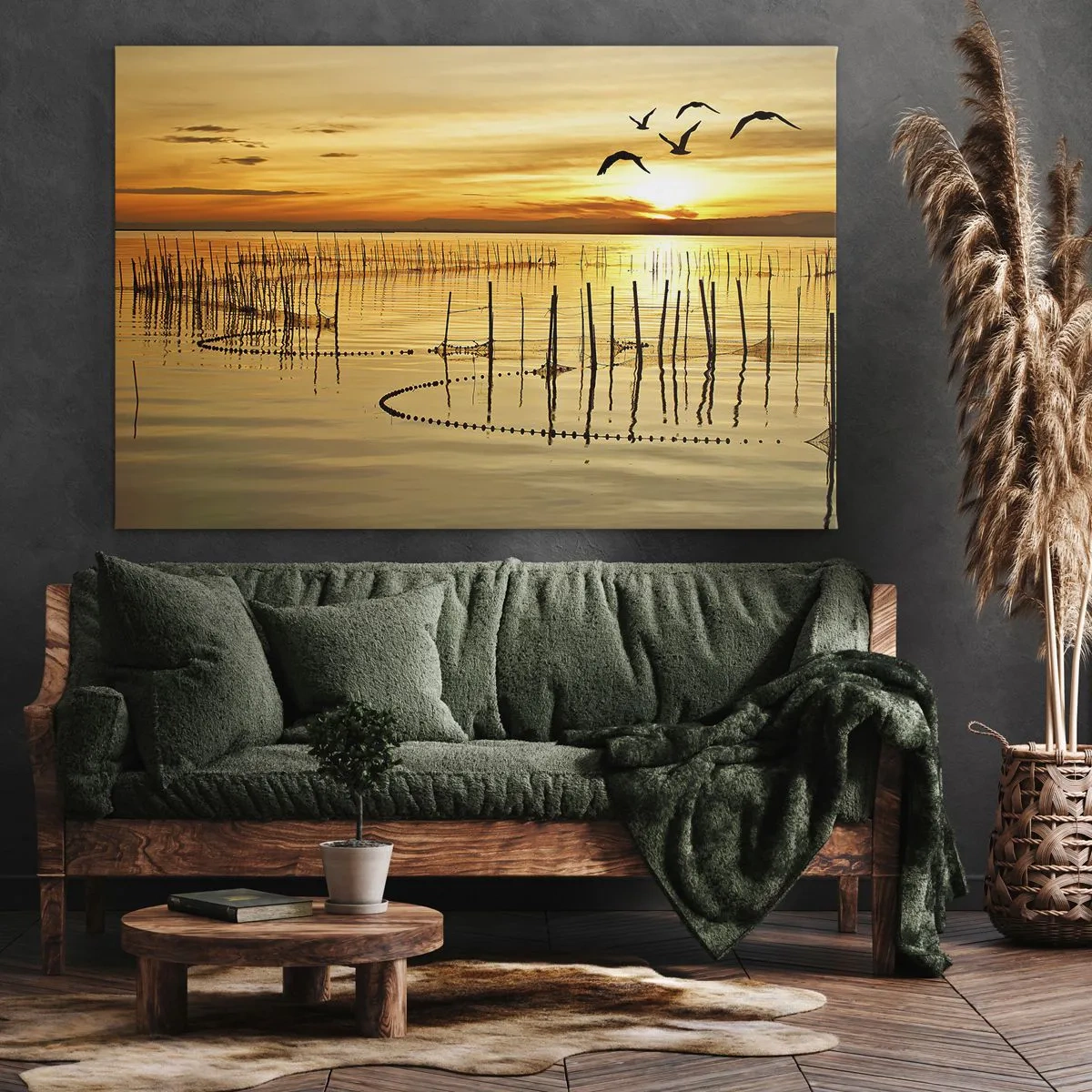 Canvas picture - Sunset over the water with birds in flight - 70x50cm - At a Fishery - Modern wall decoration for the living room and bedroom ARTTOR