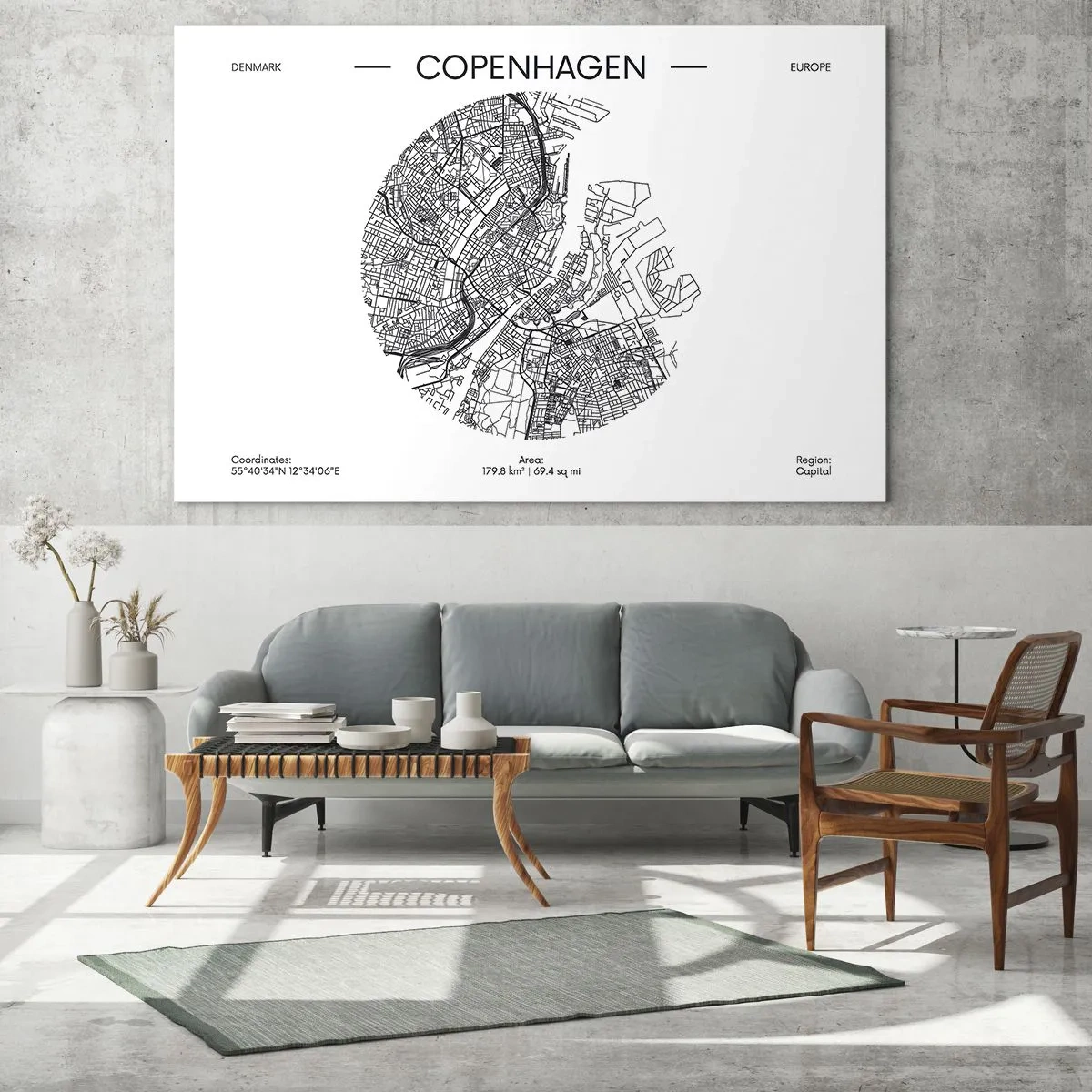 Glass picture - A map of Copenhagen in the form of a graphic street sketch - 70x50cm - Anatomy of Copenhagen - Modern wall decoration for the living room and bedroom ARTTOR