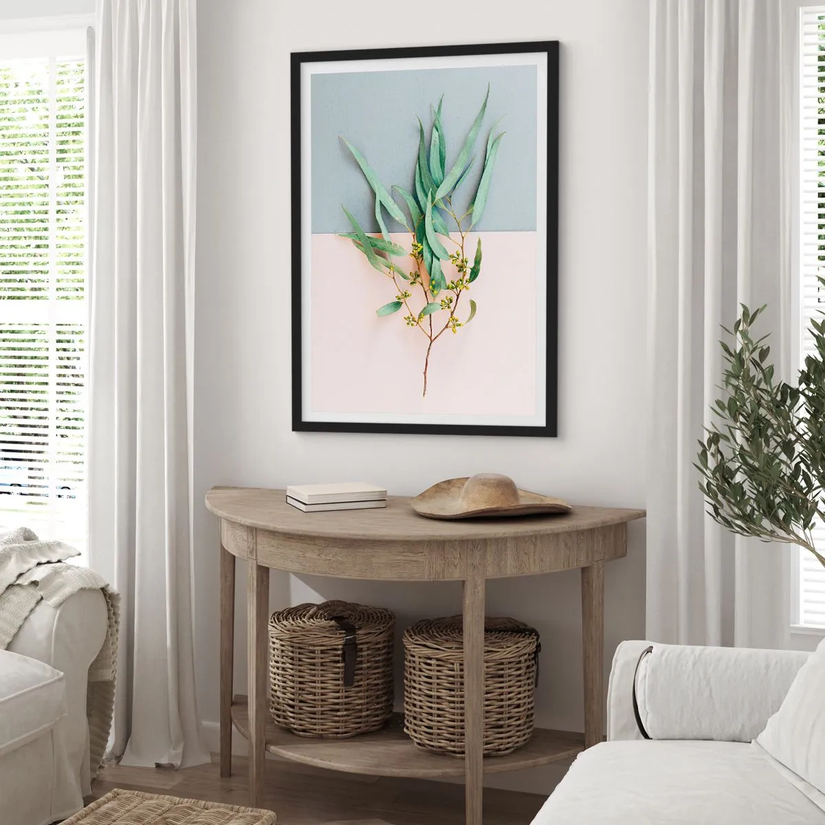 Poster in black frame - A sprig of eucalyptus on a pastel background - 50x70cm - Pastel Subtlety - Modern wall decoration for the living room and bedroom ARTTOR