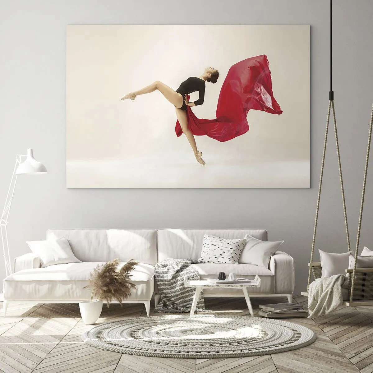 Glass picture - A dancer in a dynamic jump with red fabric - 70x50cm - Red and Black - Modern wall decoration for the living room and bedroom ARTTOR