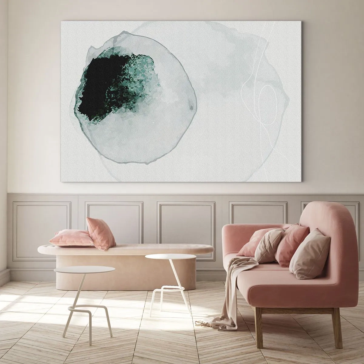 Glass picture - An abstract form resembling a drop of water in shades of green. - 70x50cm - In a Waterdrop - Modern wall decoration for the living room and bedroom ARTTOR