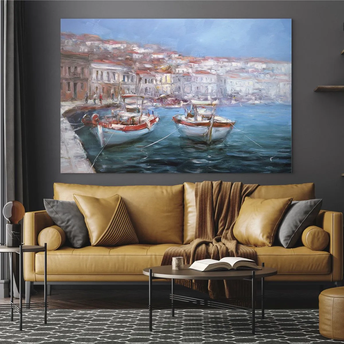 Glass picture - Fishing port with boats against a backdrop of Italian buildings and a blue sky - 70x50cm - Italian Bay - Modern wall decoration for the living room and bedroom ARTTOR
