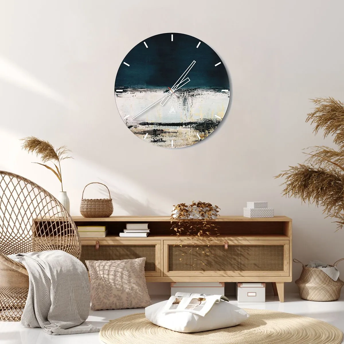 Wall clock - Clock on glass - Abstract landscape in dark and light tones - 30x30cm - Horizontal Compostion - Modern wall decoration for the living room, kitchen, and bedroom ARTTOR