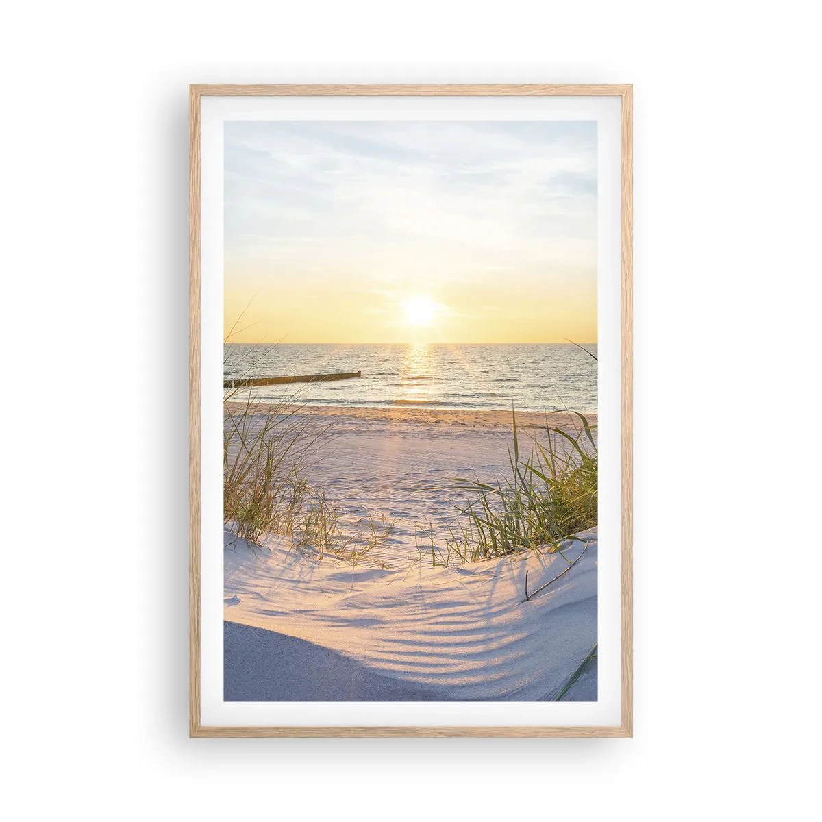 Poster in light oak frame - Sound of the Sea, Singing of the Birds, Wild Beach among Grass - 61x91 cm