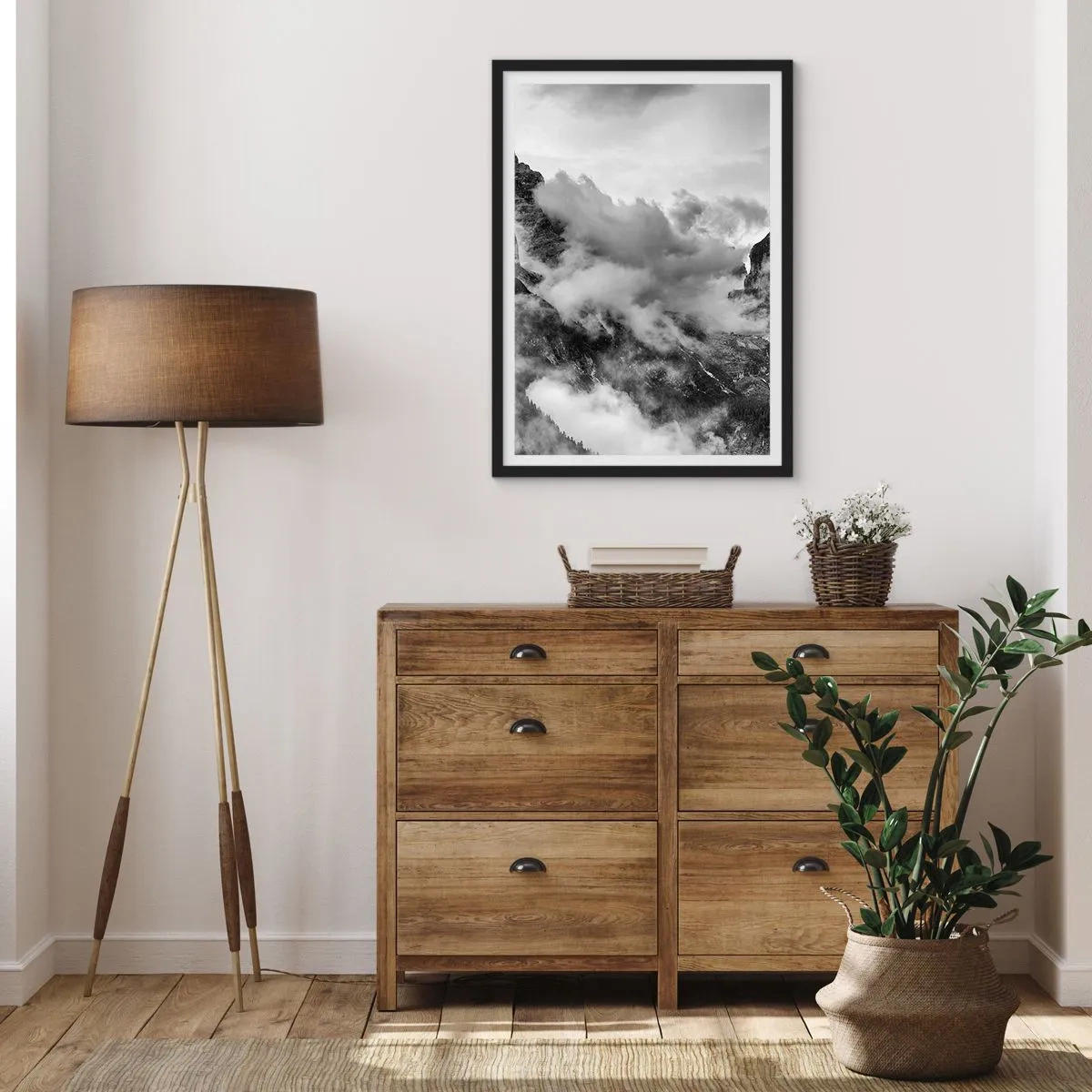 Poster in black frame - Black and white mountain landscape with clouds - 50x70cm - Beautiful and Cruel - Modern wall decoration for the living room and bedroom ARTTOR