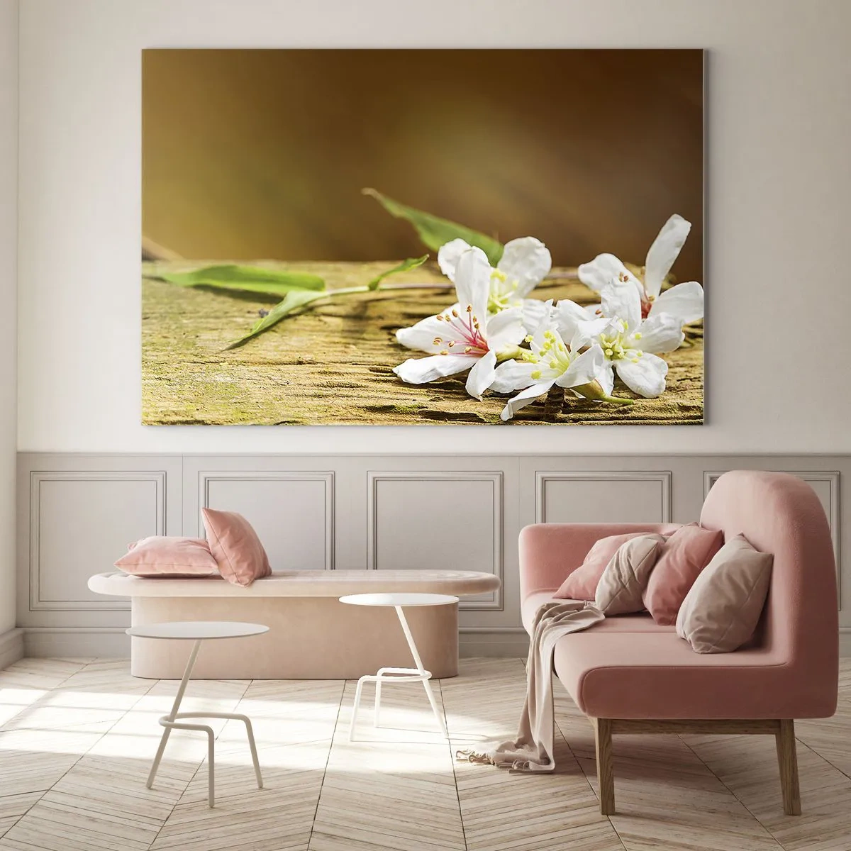 Glass picture - White flowers on a wooden background in warm light - 70x50cm - Innocent Promise - Modern wall decoration for the living room and bedroom ARTTOR