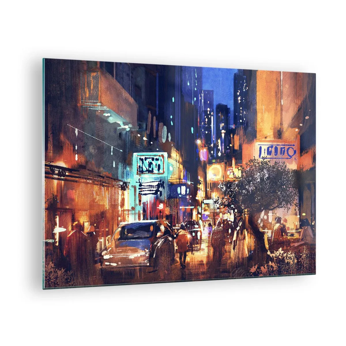 Glass picture - Picturesque night city scene with neon lights and street traffic - 70x50cm - City Doesn't Sleep - Modern wall decoration for the living room and bedroom ARTTOR