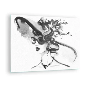 Glass picture - Black and white portrait of a woman wearing a hat - 70x50cm - Lady with a Character - Modern wall decoration for the living room and bedroom ARTTOR