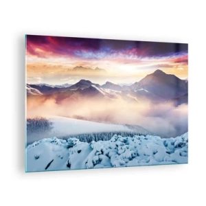 Glass picture - Winter mountain landscape with setting sun and fog - 70x50cm - Power and Purity of Nature - Modern wall decoration for the living room and bedroom ARTTOR