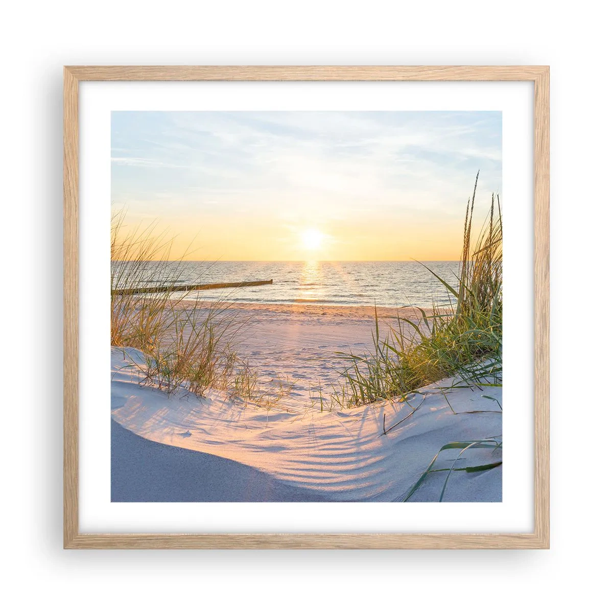 Poster in light oak frame - Sound of the Sea, Singing of the Birds, Wild Beach among Grass - 50x50 cm