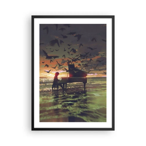 Poster in black frame - Silhouette of a pianist against the backdrop of a sunset - 50x70cm - Concert for Piano and Waves - Modern wall decoration for the living room and bedroom ARTTOR