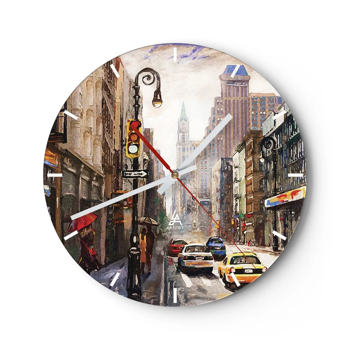 Wall clock - Clock on glass - A New York street in a painterly style - 30x30cm - New York - Colourful in Rain - Modern wall decoration for the living room, kitchen, and bedroom ARTTOR
