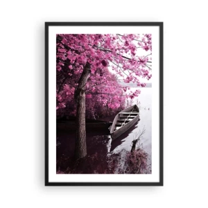 Poster in black frame - A boat on the shore of a lake under a tree in blooming leaves - 50x70cm - In Pink Silence - Modern wall decoration for the living room and bedroom ARTTOR
