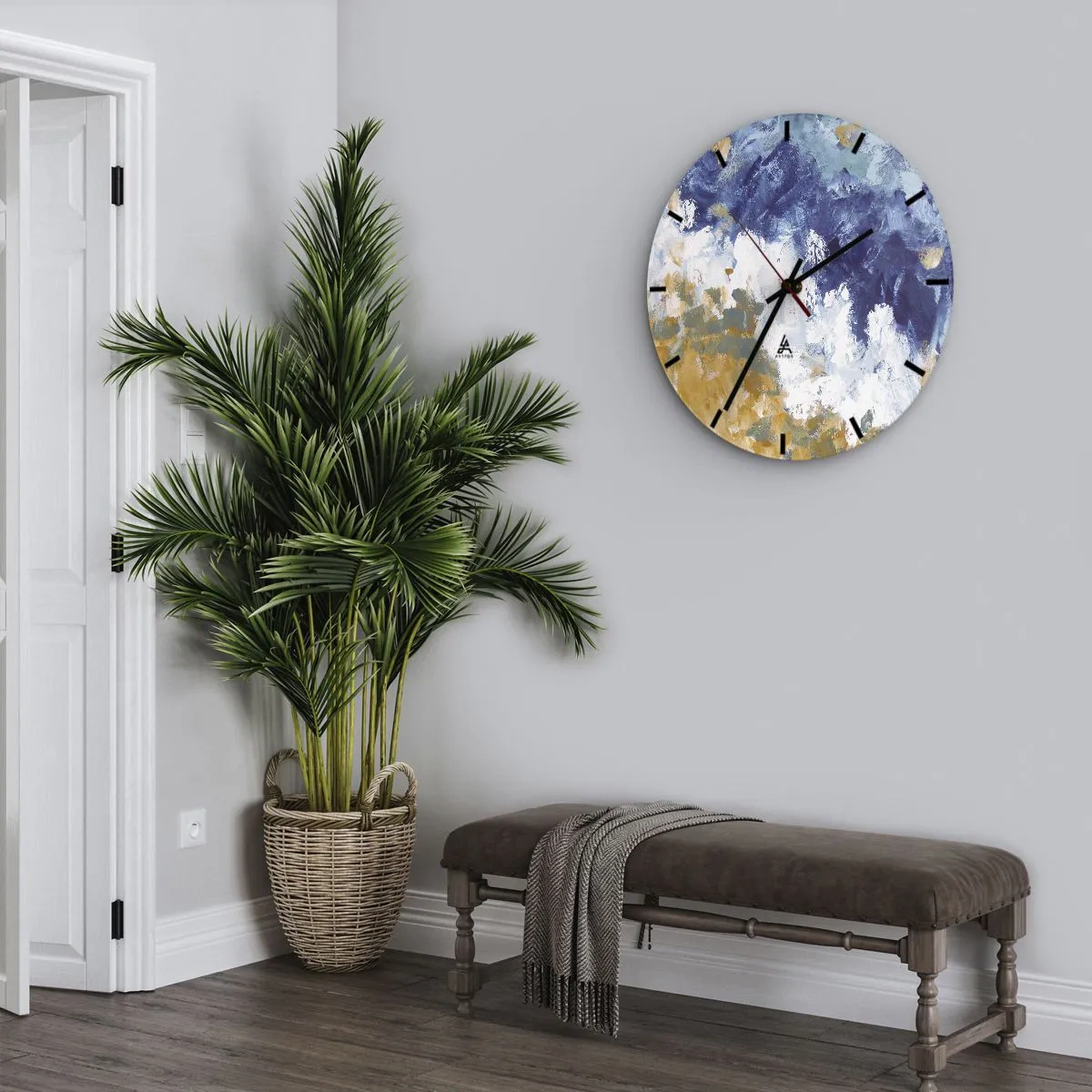 Wall clock - Clock on glass - Expressive abstraction in shades of blue, white and ochre - 30x30cm - The Dance of Elements - Modern wall decoration for the living room, kitchen, and bedroom ARTTOR