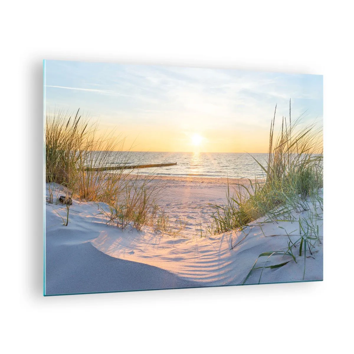 Glass picture - Sunset beach with a view of the sea and dune grasses - 70x50cm - Sound of the Sea, Singing of the Birds, Wild Beach among Grass - Modern wall decoration for the living room and bedroom ARTTOR