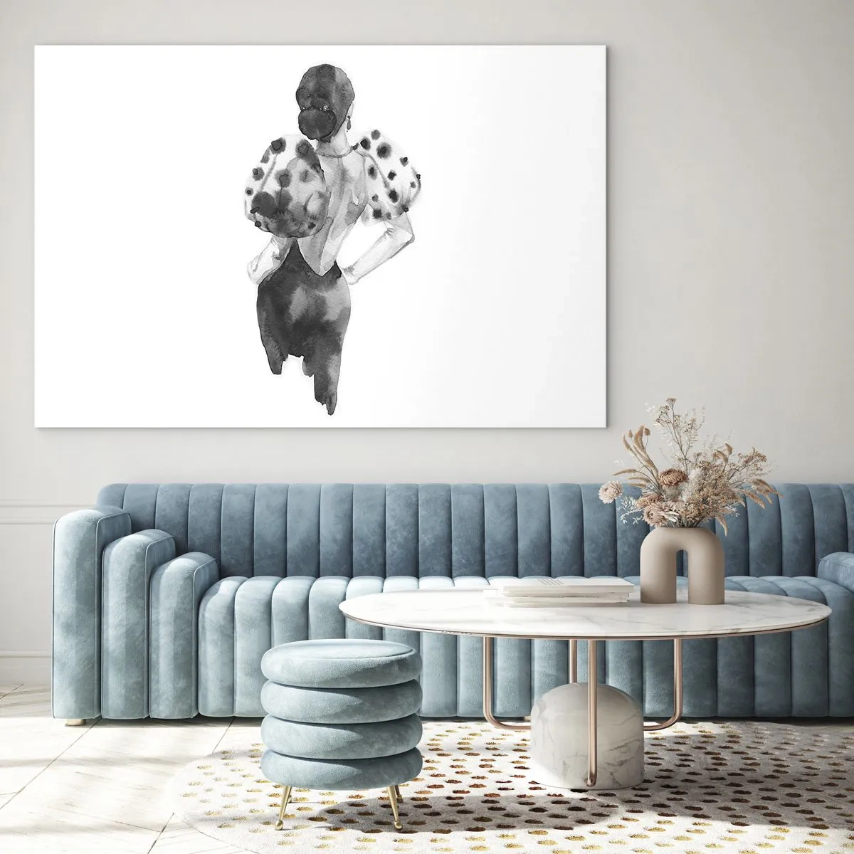Glass picture - Black and white silhouette of a woman in an elegant outfit - 70x50cm - She Passed by - Modern wall decoration for the living room and bedroom ARTTOR