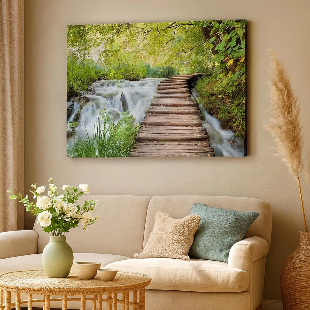 Canvas picture - A wooden bridge over a waterfall surrounded by lush green forest. - 70x50cm - Not Such Quiet Water - Modern wall decoration for the living room and bedroom ARTTOR