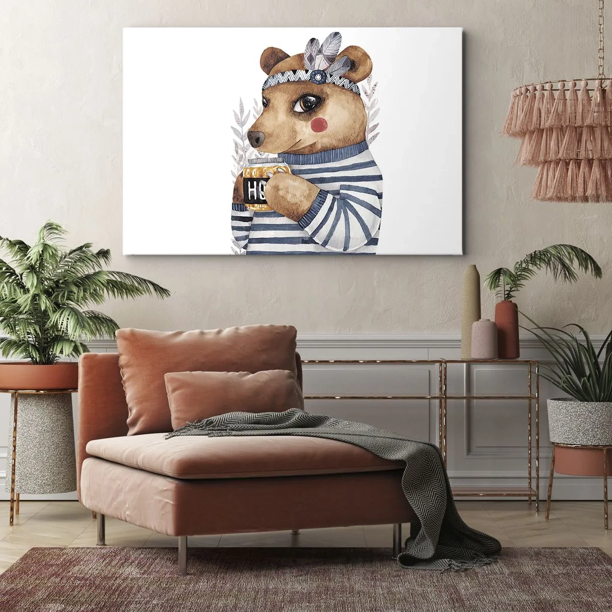 Canvas picture - A teddy bear in a striped sweater with a cup of honey - 70x50cm - Sweet Lady Bear - Modern wall decoration for the living room and bedroom ARTTOR