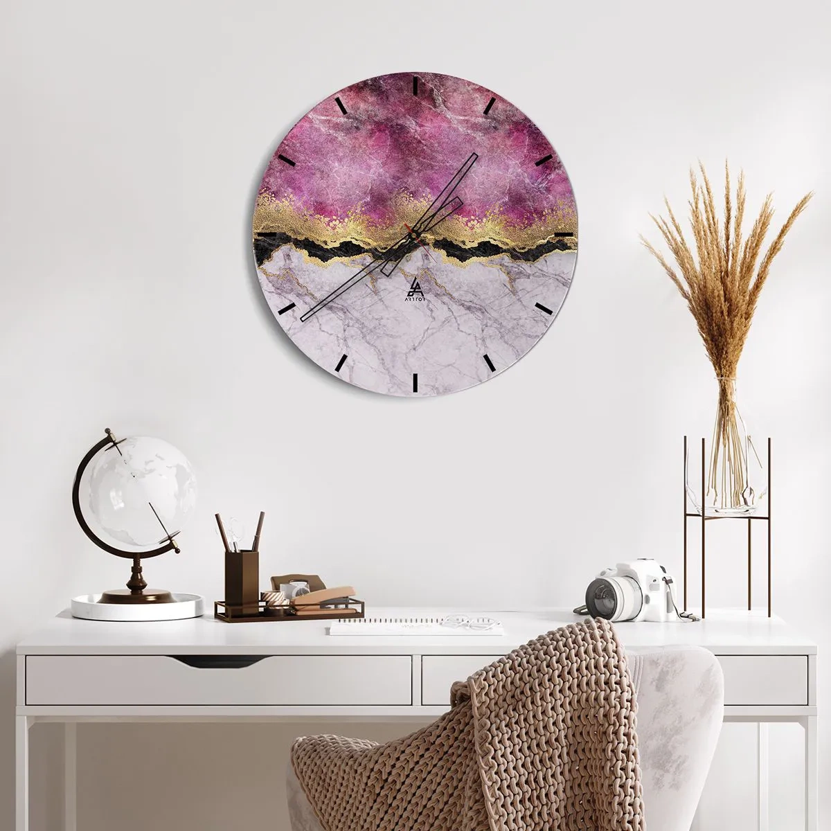 Wall clock - Clock on glass - Ballerina jumping with pink fabric flowing - 30x30cm - On the Border - Modern wall decoration for the living room, kitchen, and bedroom ARTTOR