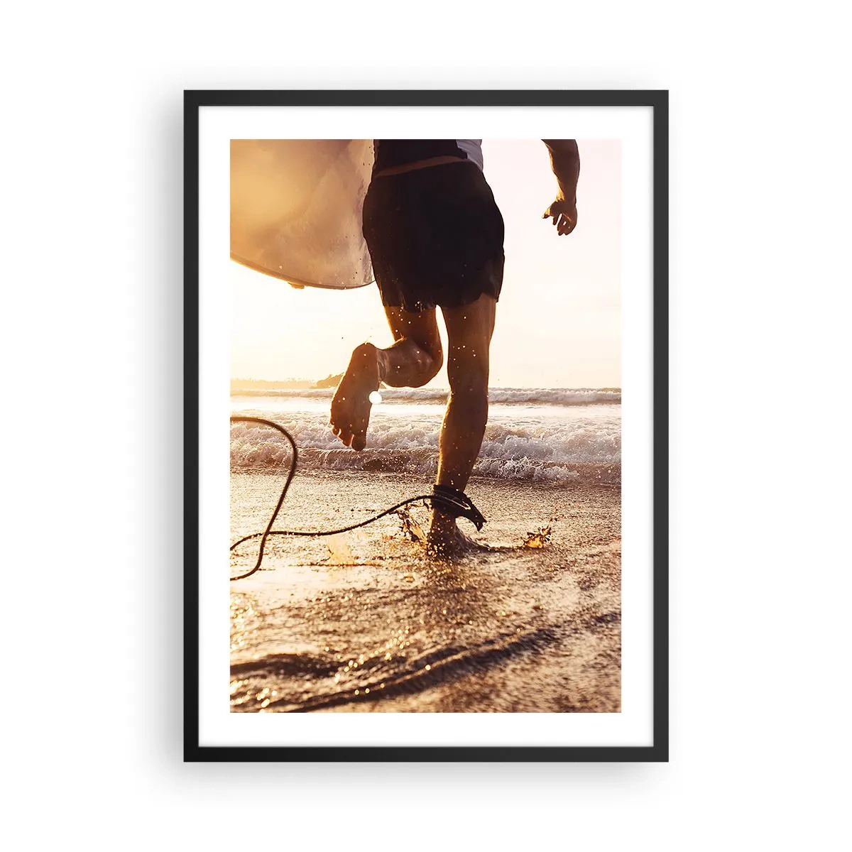 Poster in black frame - A surfer runs into the water at sunset - 50x70cm - Encounter with a Wave - Modern wall decoration for the living room and bedroom ARTTOR