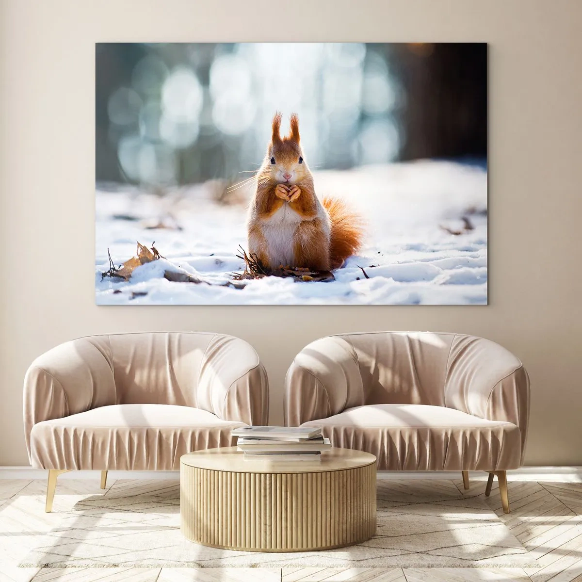 Glass picture - Squirrel in the snow with a nut in the winter forest - 70x50cm - What Are You Looking at? - Modern wall decoration for the living room and bedroom ARTTOR