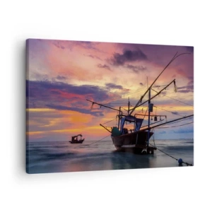 Canvas picture - fishing boat against the backdrop of a colorful sunset - 70x50cm - Exotic Evening - Modern wall decoration for the living room and bedroom ARTTOR