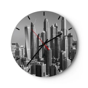 Wall clock - Clock on glass - Panorama of a modern city in black and white - 30x30cm - City over a Desert - Modern wall decoration for the living room, kitchen, and bedroom ARTTOR