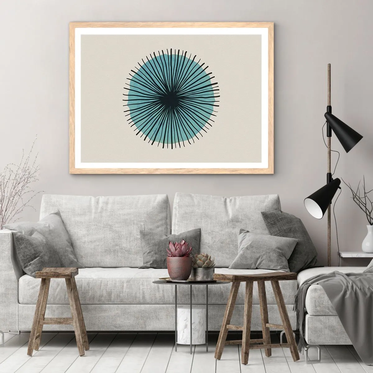 Poster in light oak frame - Rays on Blue - 91x61 cm