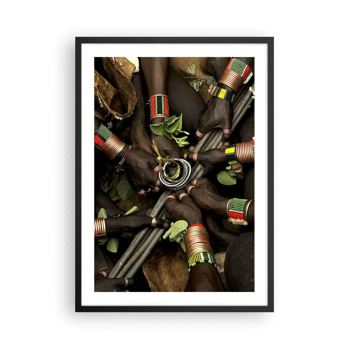 Poster in black frame - Hands in traditional bracelets, in a gesture of community - 50x70cm - We Are Together - Modern wall decoration for the living room and bedroom ARTTOR